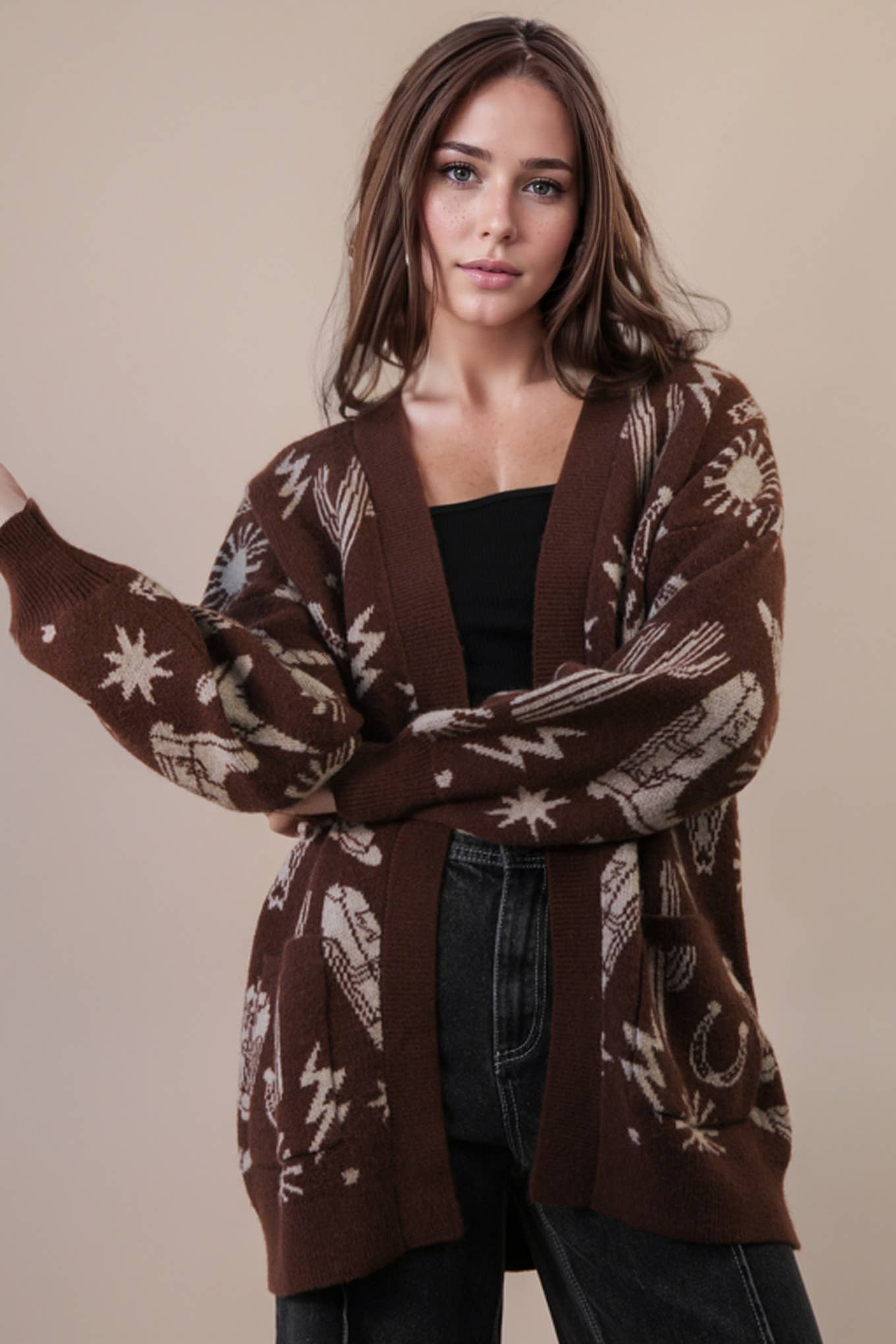 12W3393N-Oversized Western Graphic Knit Sweater Cardigan