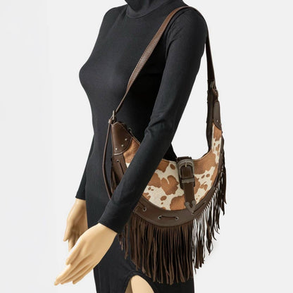 Cow Print Leather Fringe Hobo Bag