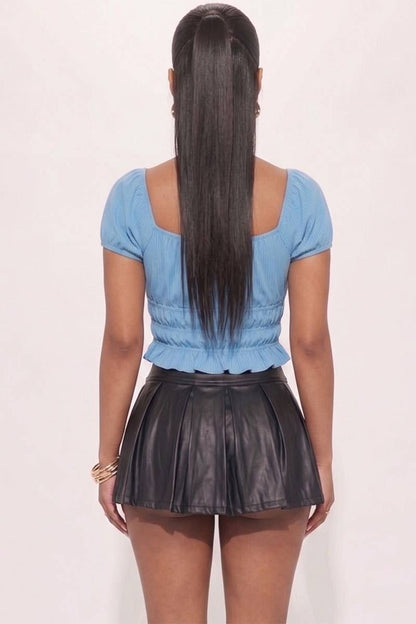 Casual Ruched Puff Sleeve Ribbed Knit Solid Top