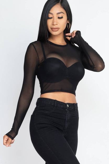 Solid Mesh Sheer Crop Top