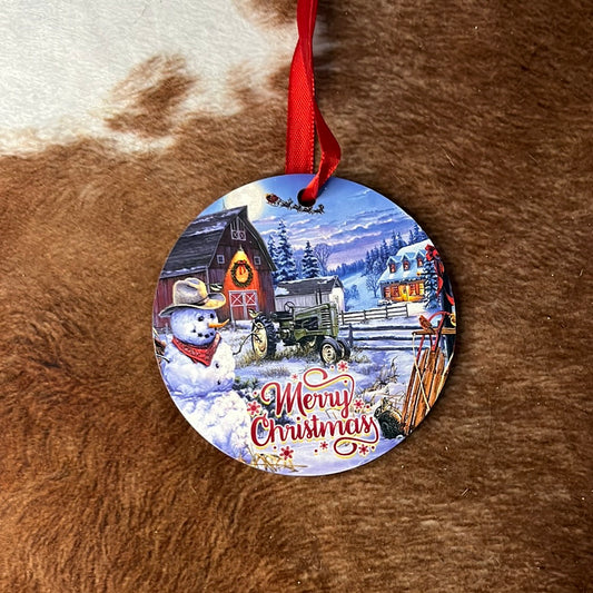 Snowman and Tractor Christmas Ornament