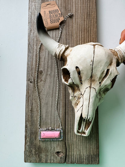 Western Semi Stone Bar Necklace - with Rhinestone edge