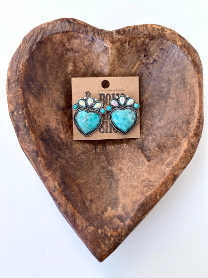 Western Style Turquoise Stone Heart Stud Earrings
