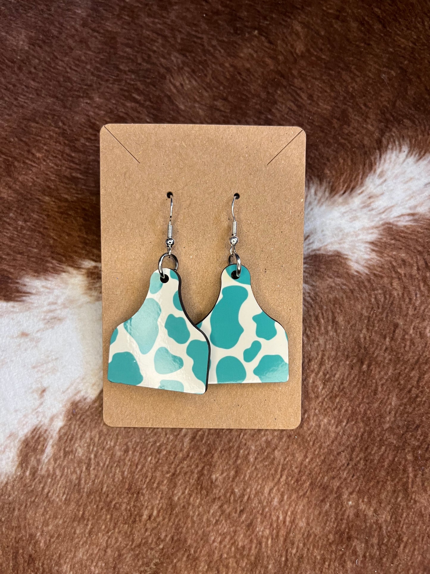 Turquoise Cow Print Ear Tag Earrings