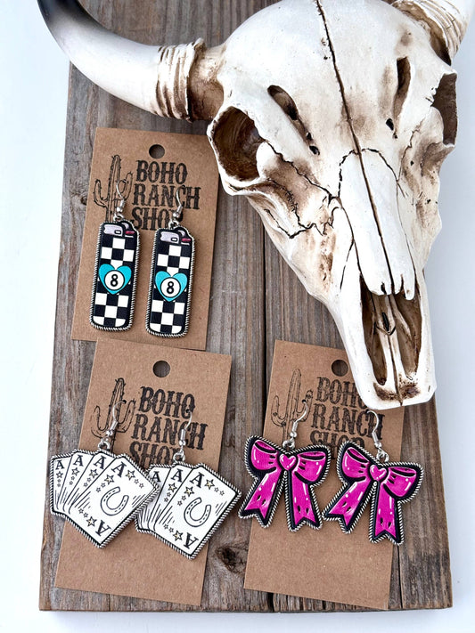 Western Style Card, Bow, Lighter Leather Dangle Earrings