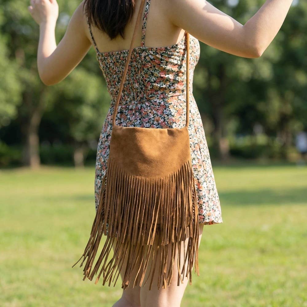 Faux Suede Long Fringe Rectangle Hand Bag