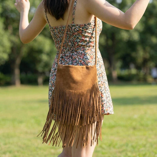 Faux Suede Long Fringe Rectangle Hand Bag