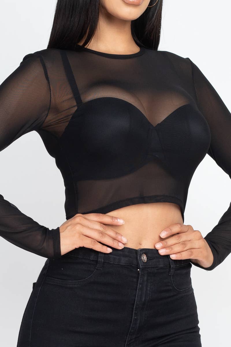 Solid Mesh Sheer Crop Top