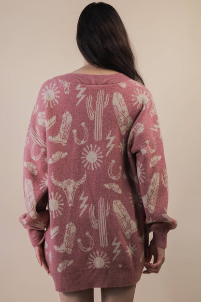 12W3393N-Oversized Western Graphic Knit Sweater Cardigan
