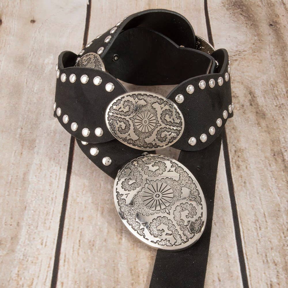 Western Oval Concho Studded Trim Vegan Leather Belt