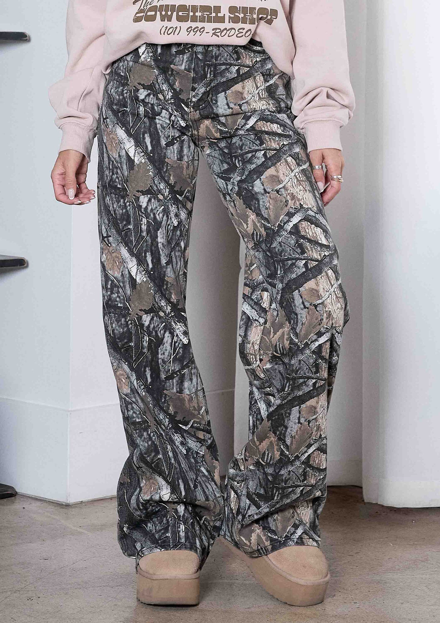 High-Rise Camo Print Wide Leg Jeans