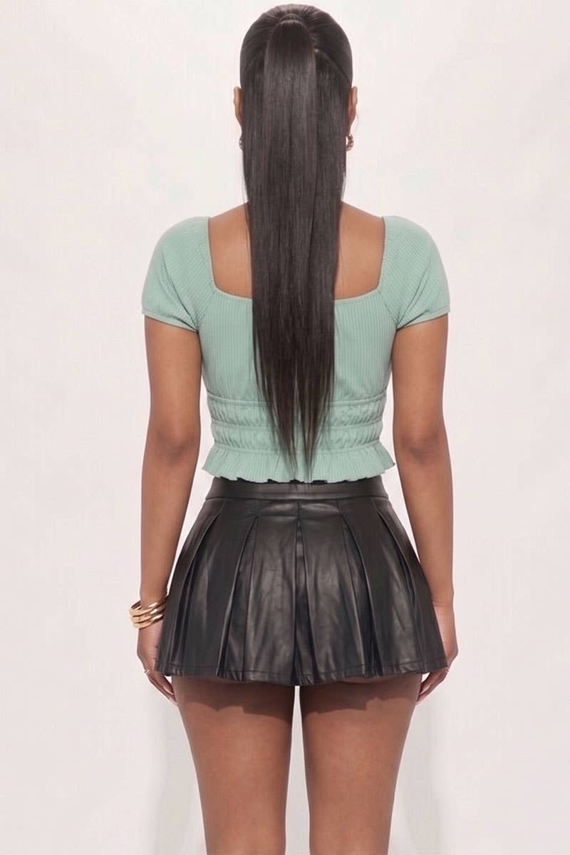 Casual Ruched Puff Sleeve Ribbed Knit Solid Top