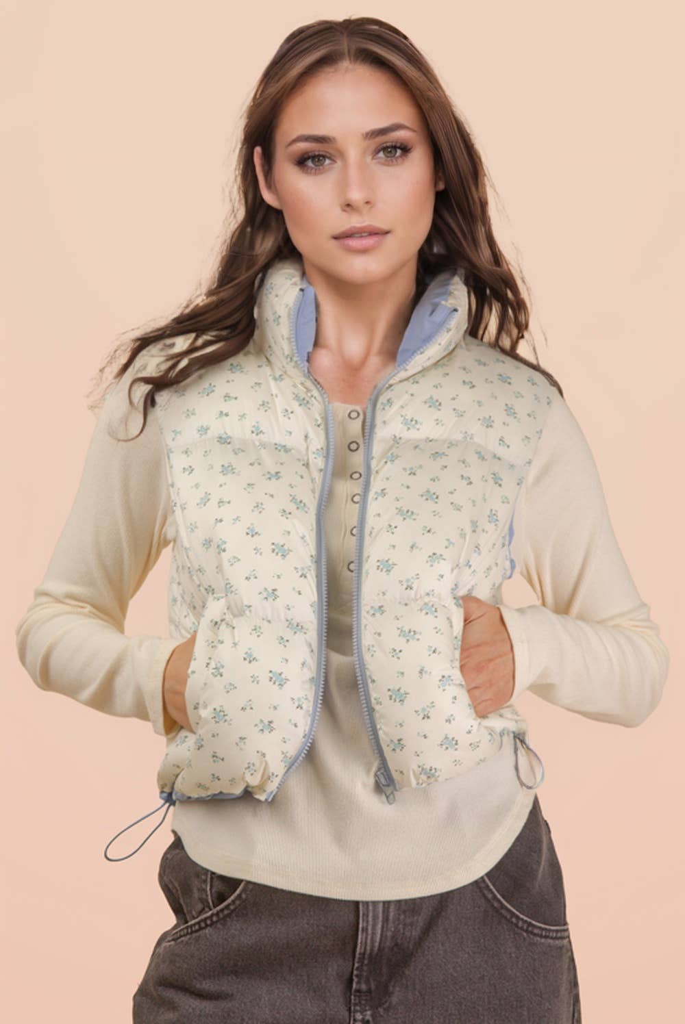 NJ90395-Floral Printed Cropped Puffer Vest