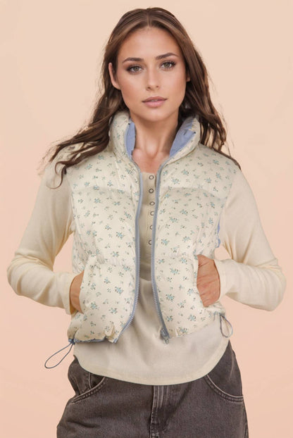 NJ90395-Floral Printed Cropped Puffer Vest