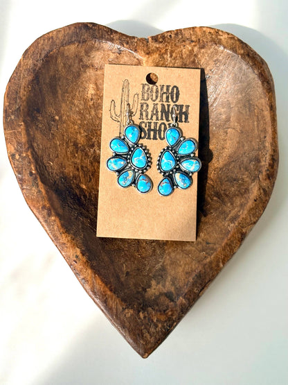 Western Half Concho Squash Blossom Stone Dangle Earrings