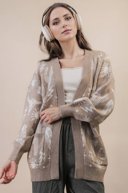 12W3393N-Oversized Western Graphic Knit Sweater Cardigan