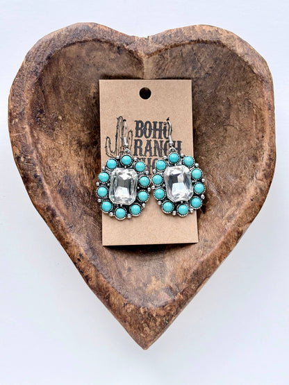 Western Style Rhinestone Turquoise Stone Dangle Earrings