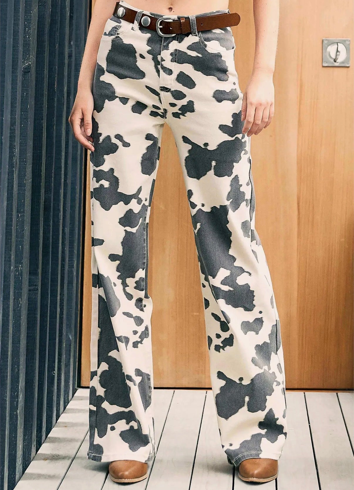 Black Cow Print Low Rise Wide Leg Jeans Pre-order
