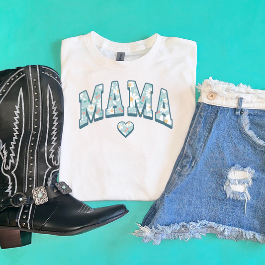 Blue Floral Mama Retro T-shirt