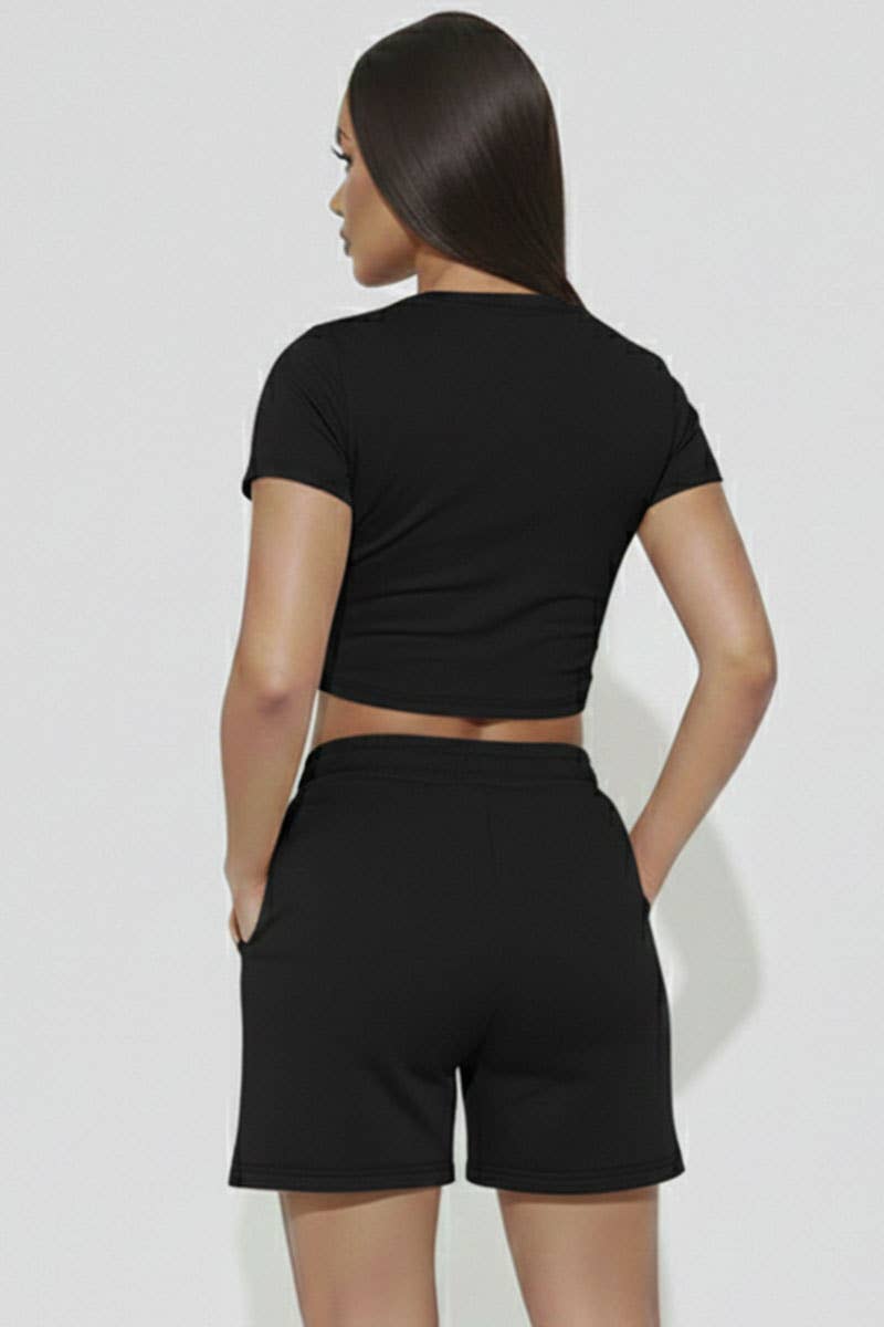 Fitted Crop Tee & Shorts Set - Black