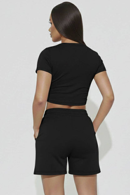 Fitted Crop Tee & Shorts Set - Black