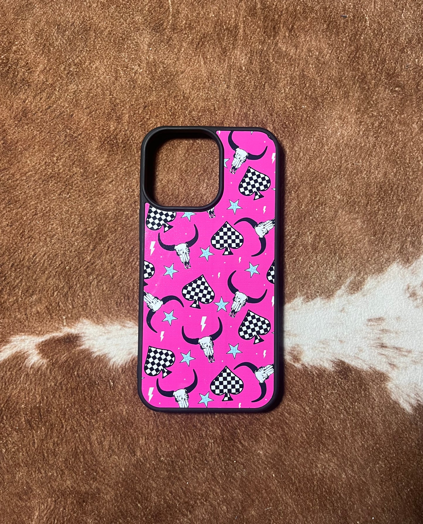 Pink Bull Skull and Checkered Spades Phone Case (Made to Order)