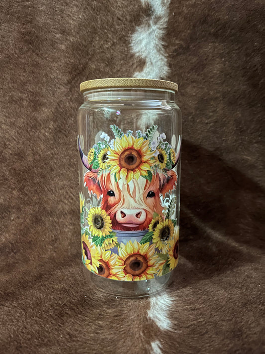 Sunflower Highland Cow Glass Cup