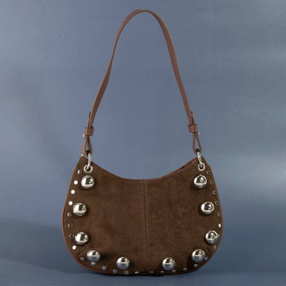 Ball Studded Trim Suede Hobo Shoulder Bags