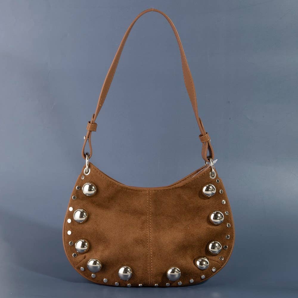 Ball Studded Trim Suede Hobo Shoulder Bags