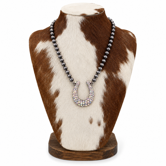 Western Faux Pearl Rhinestone Horseshoe Necklace