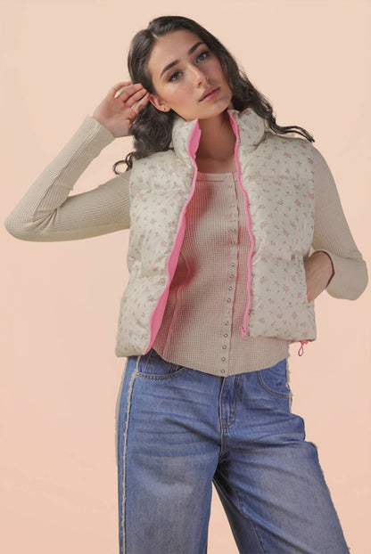 NJ90395-Floral Printed Cropped Puffer Vest
