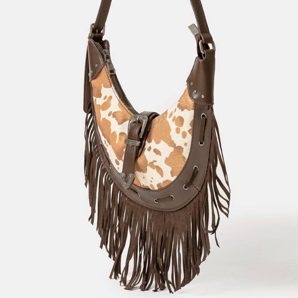 Cow Print Leather Fringe Hobo Bag