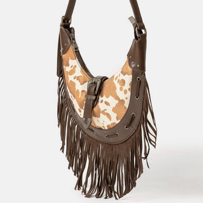 Cow Print Leather Fringe Hobo Bag