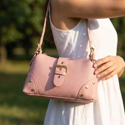 Studded Saffiano Buckle Strap Shoulder Bag