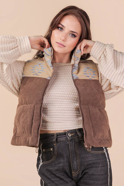 NJ90416-Aztec Graphic Corduroy Casual Puffer Vest