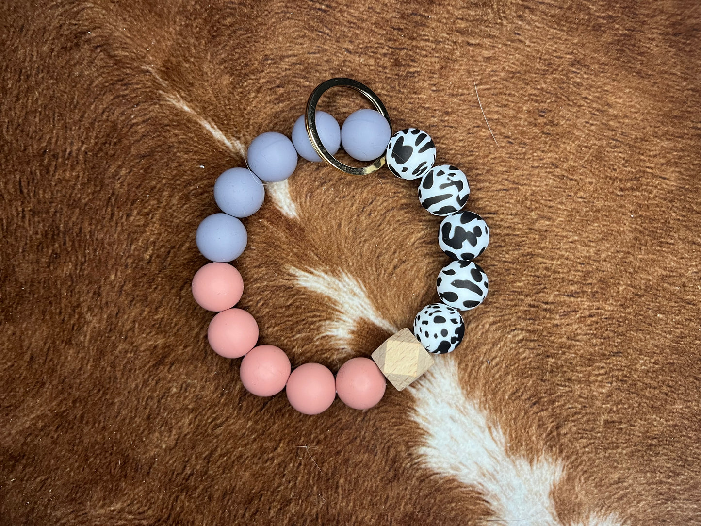 Grey, Pink, and Cow Print Wristlet Keychain