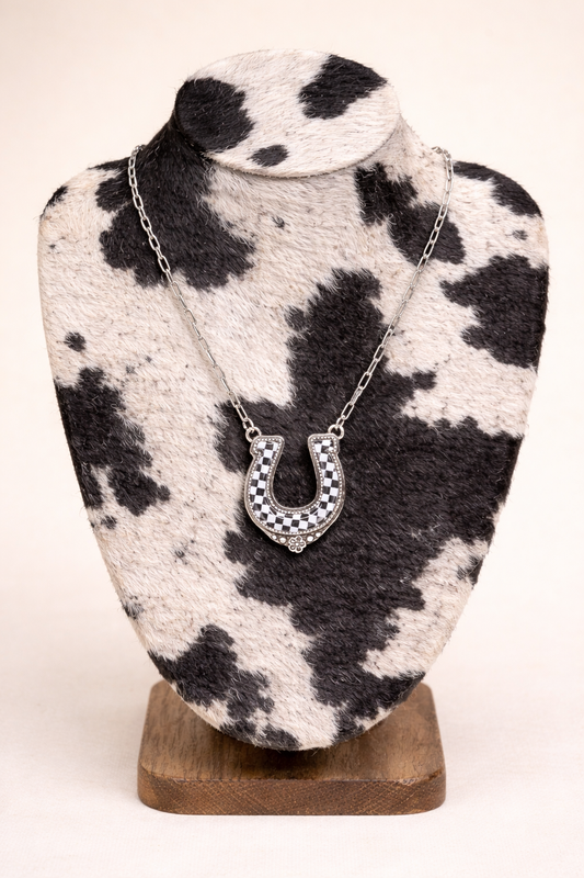 Horseshoe Checker Stone Pendant Necklace