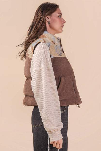 NJ90416-Aztec Graphic Corduroy Casual Puffer Vest