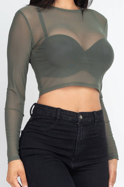 Solid Mesh Sheer Crop Top