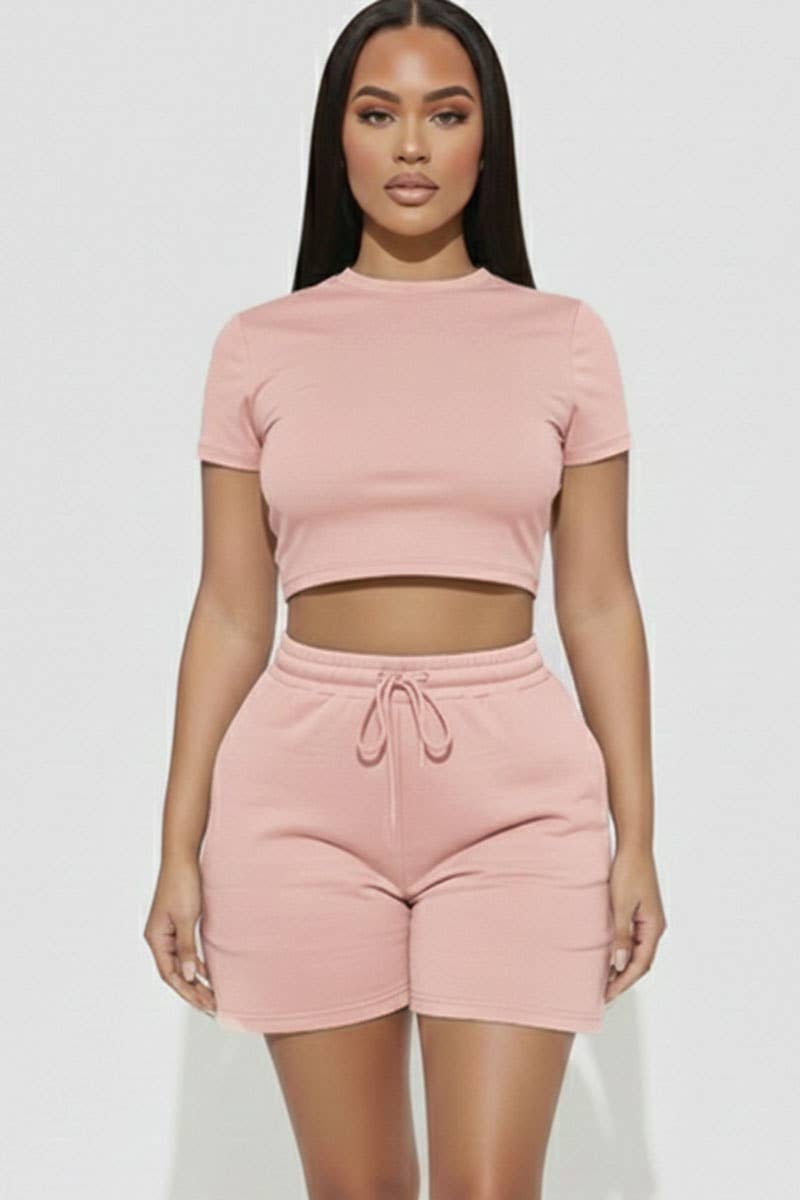 Fitted Crop Tee & Shorts Set - Pink