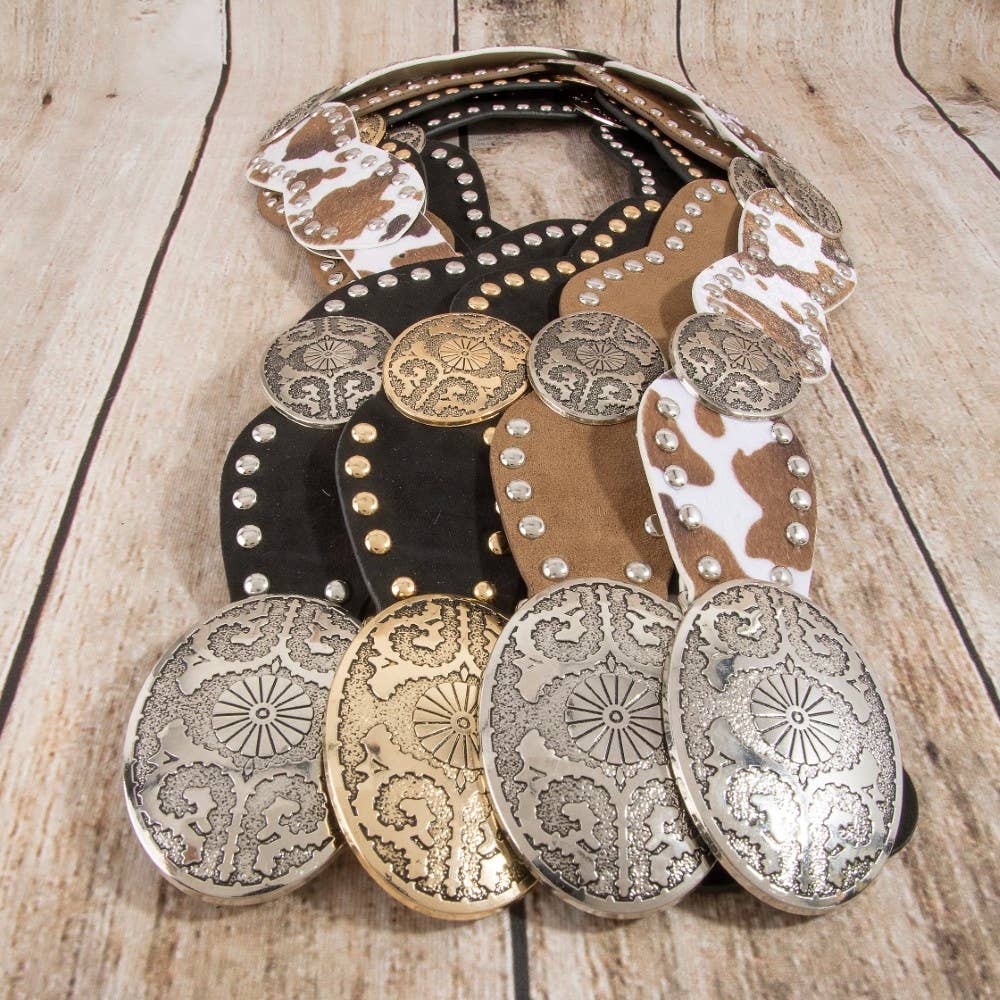 Western Oval Concho Studded Trim Vegan Leather Belt