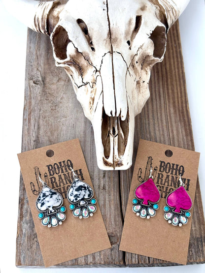 Western Style Spade Stone & Rhinestone Drop Dangle Earrings