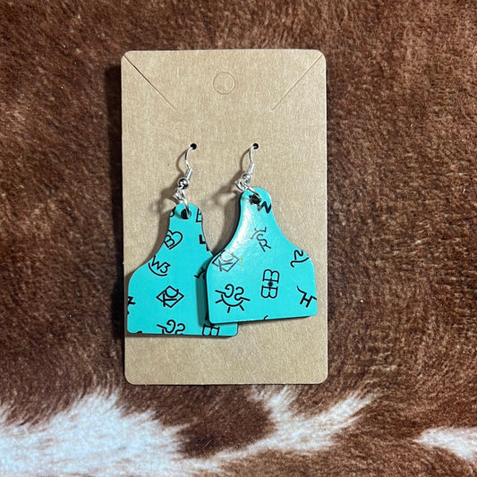 Turquoise Cattle Brand Ear Tag Earrings
