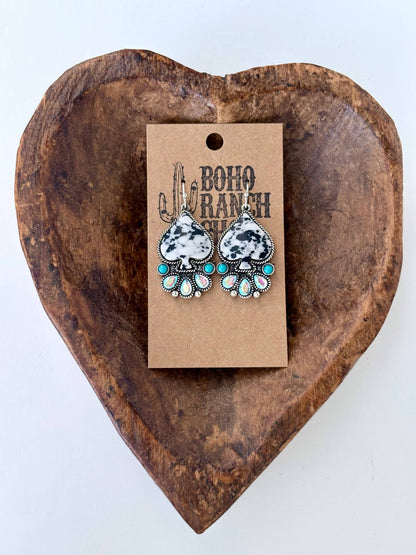 Western Style Spade Stone & Rhinestone Drop Dangle Earrings
