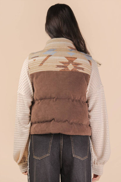 NJ90416-Aztec Graphic Corduroy Casual Puffer Vest