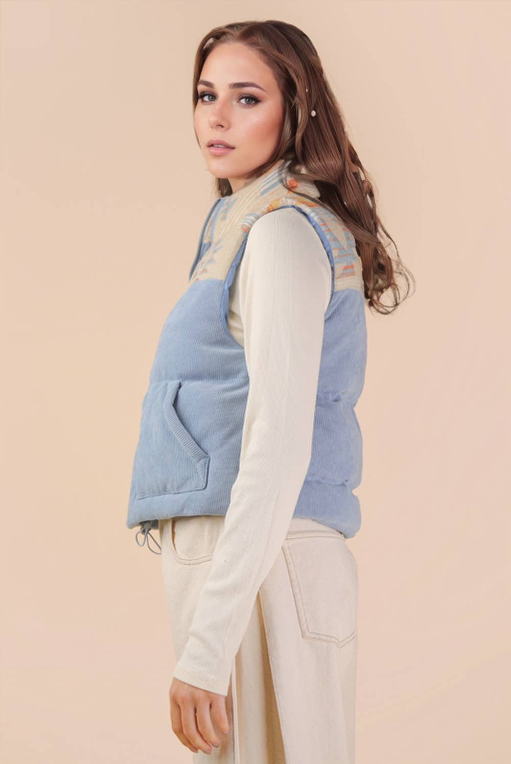 NJ90416-Aztec Graphic Corduroy Casual Puffer Vest