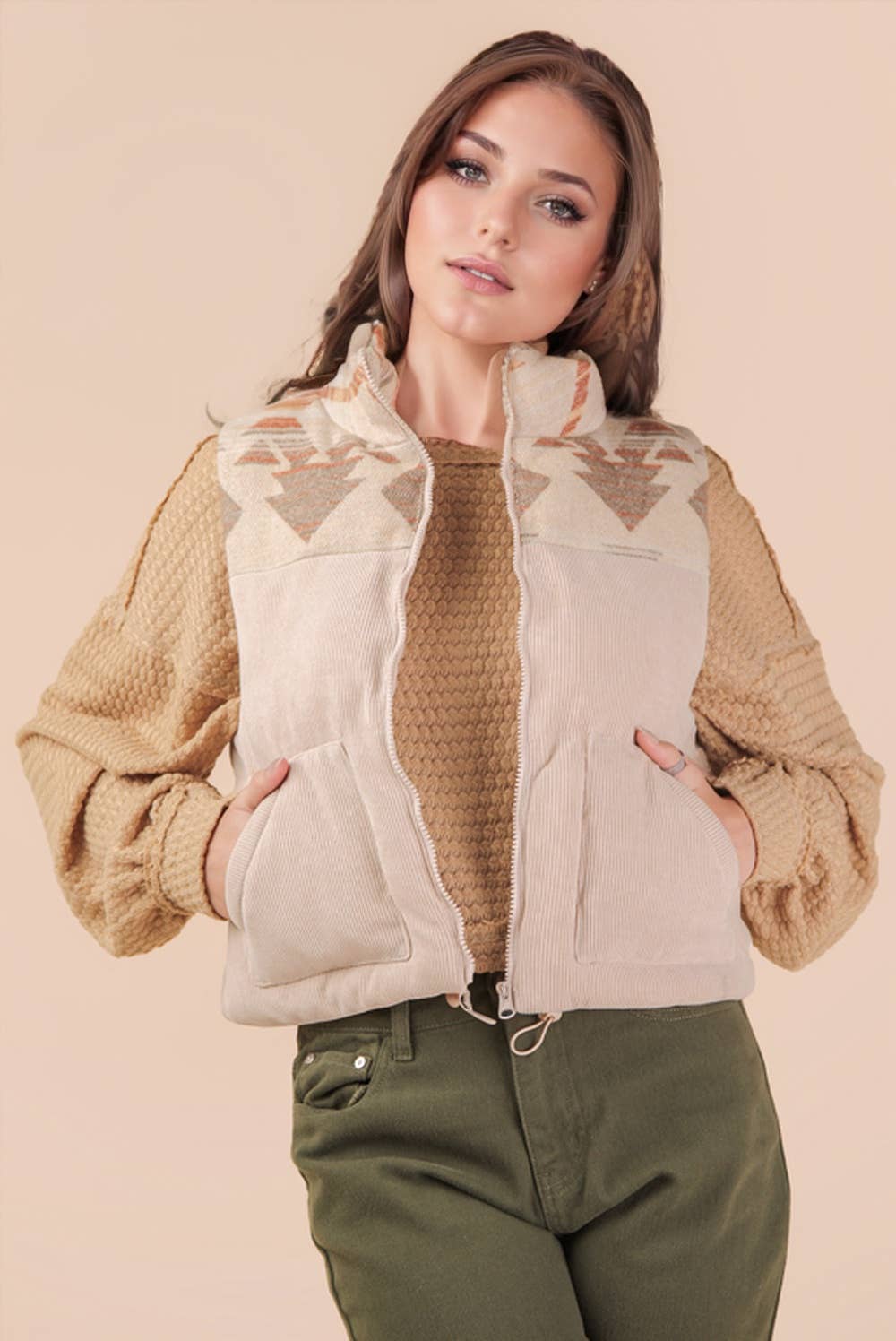 NJ90416-Aztec Graphic Corduroy Casual Puffer Vest