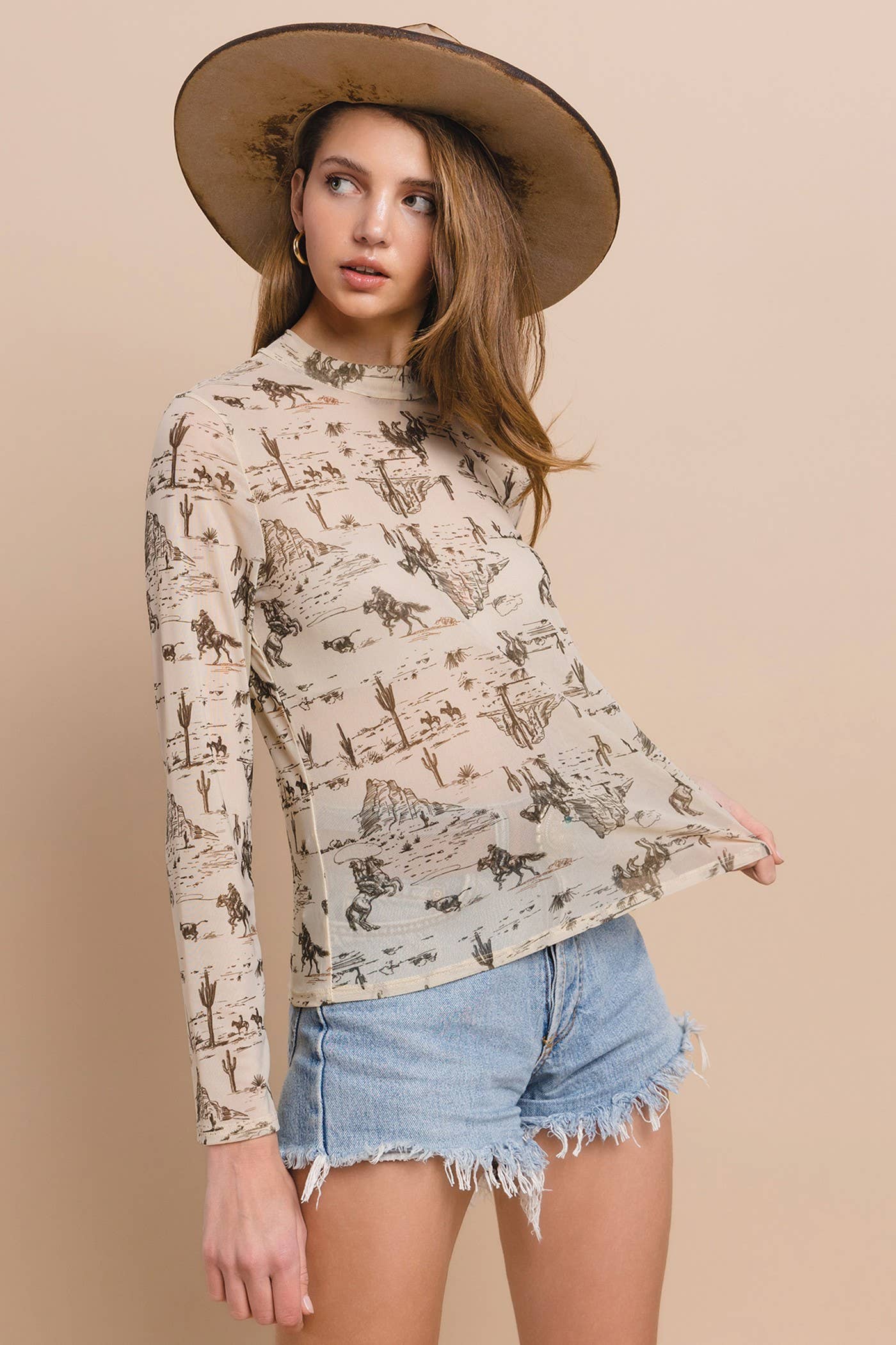 T1502-4529-Western Cowboy Print Mesh Mock Neck Top