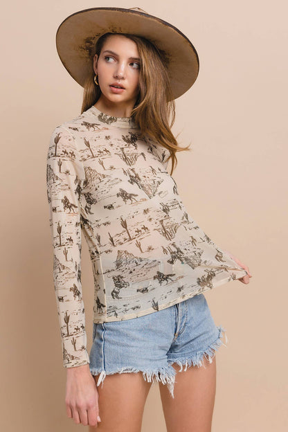 T1502-4529-Western Cowboy Print Mesh Mock Neck Top