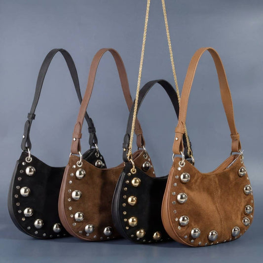 Ball Studded Trim Suede Hobo Shoulder Bags